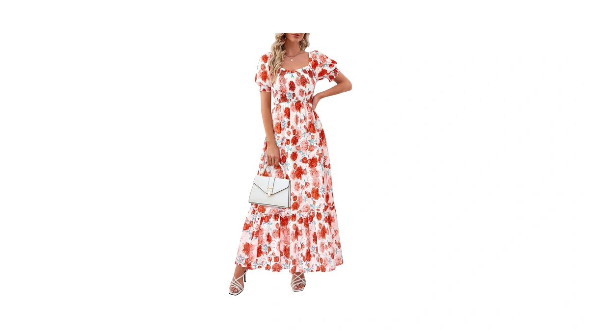 Prettygarden Women's Floral Boho Maxi Dresses Flowy Short Sleeve A