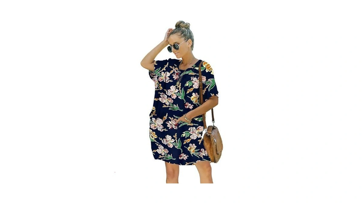 Ladybranch Women Summer Tunic Dress Blue Floral Print Dress Loose