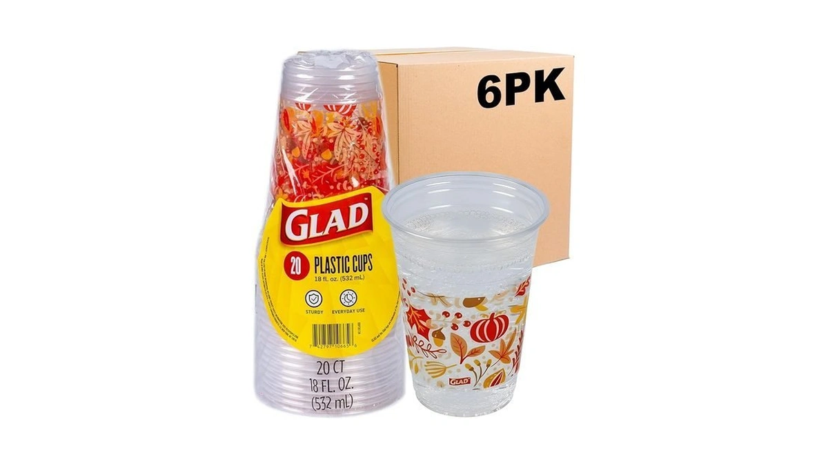 Glad Everyday Clear Plastic Cups With Fall Leaf Print -