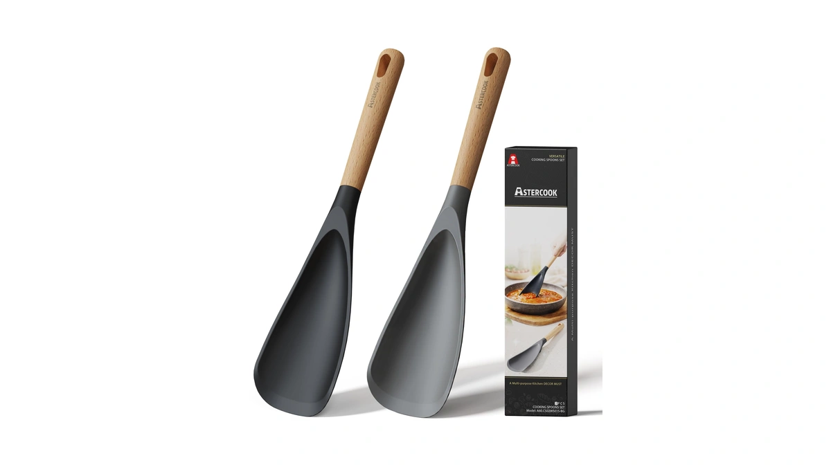 Astercook Cooking Spoon, Nonstick Safe Silicone Spatula With Long Wooden