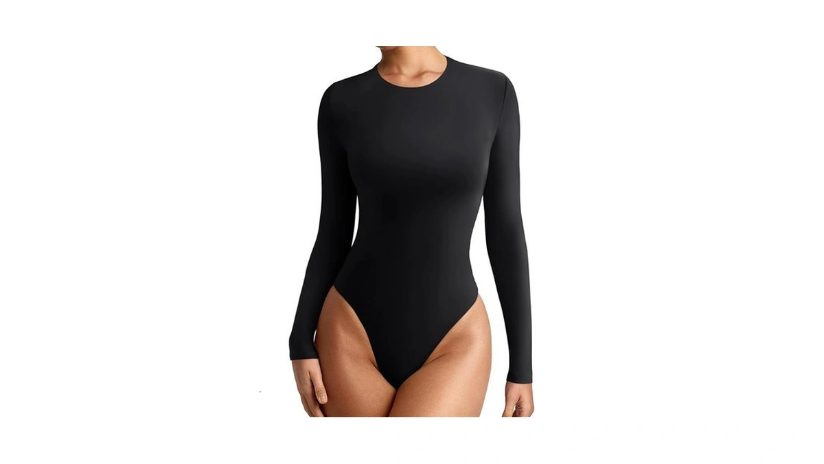Reoria Women's Long Sleeve Bodysuits Crew Neck Slim Double Lined