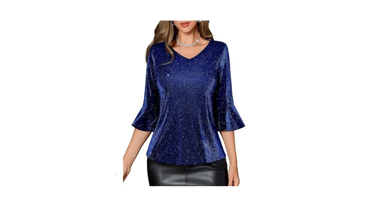 Homrain Women Blouses Dressy Casual V Neck Sheer Glitter Sparkly