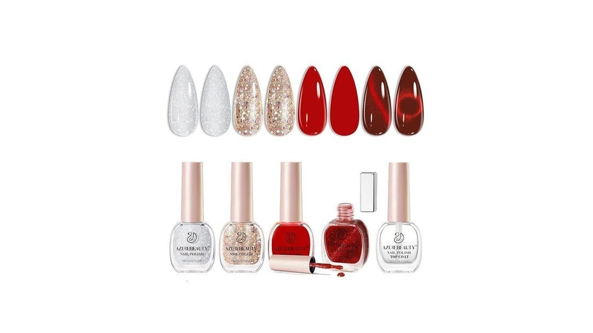 Azurebeauty Red Valentine's Nail Polish Set Quick Dry Silver Glitter