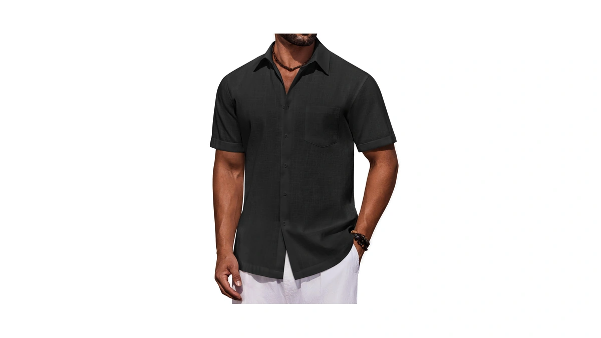 Coofandy Mens Black Linen Shirt Short Sleeve Button Down Shirts