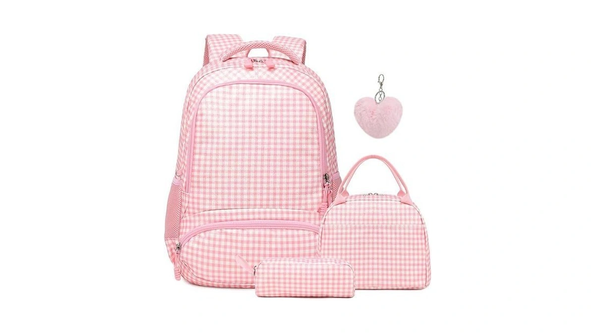 Kimwadalh Pink Checkered Backpack For Girls, 3 In 1 Glitter