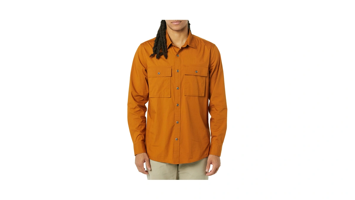 Amazon Essentials Men's Standard-fit Long-sleeve Two-pocket Utility Shirt, Dark Caramel,