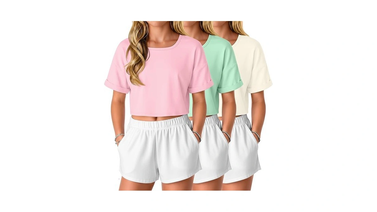 Lessonzoo 3 Pack Girls' Crop Tops Kids Oversized Short Sleeve