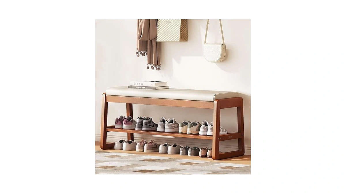 Petkaboo Shoe Bench Storage Rubberwood With Leather Cushion 39.4", Waterproof