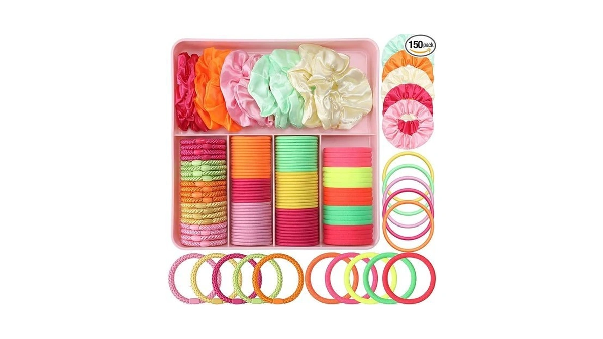 Chuangdi 150 Pc Bright Colored Hair Ties, 5 Styles, Seamless