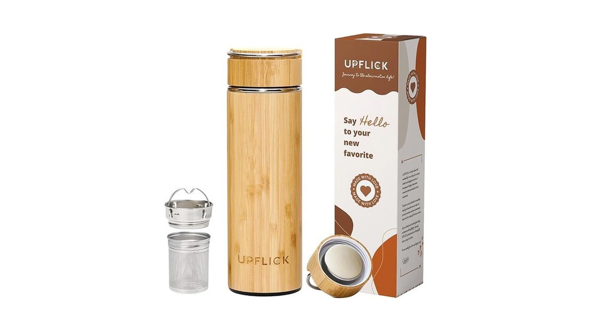 Upflick Bamboo Water Bottle Insulated Tea Tumbler For Men Birthday