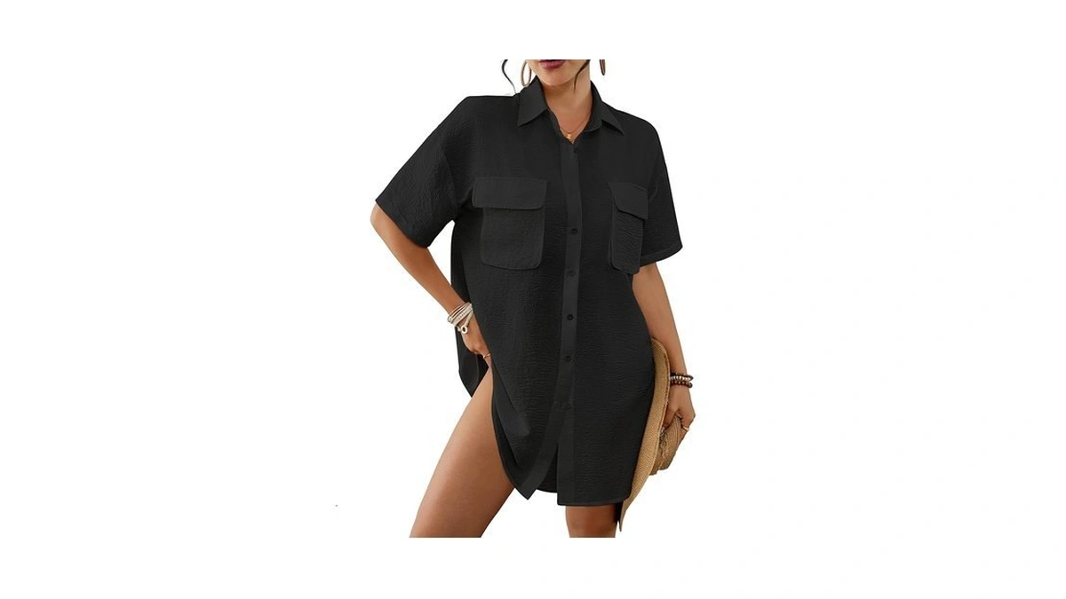Bsubseach Womens Swimsuit Coverup Blouse Short Sleeve Button Down Shirt