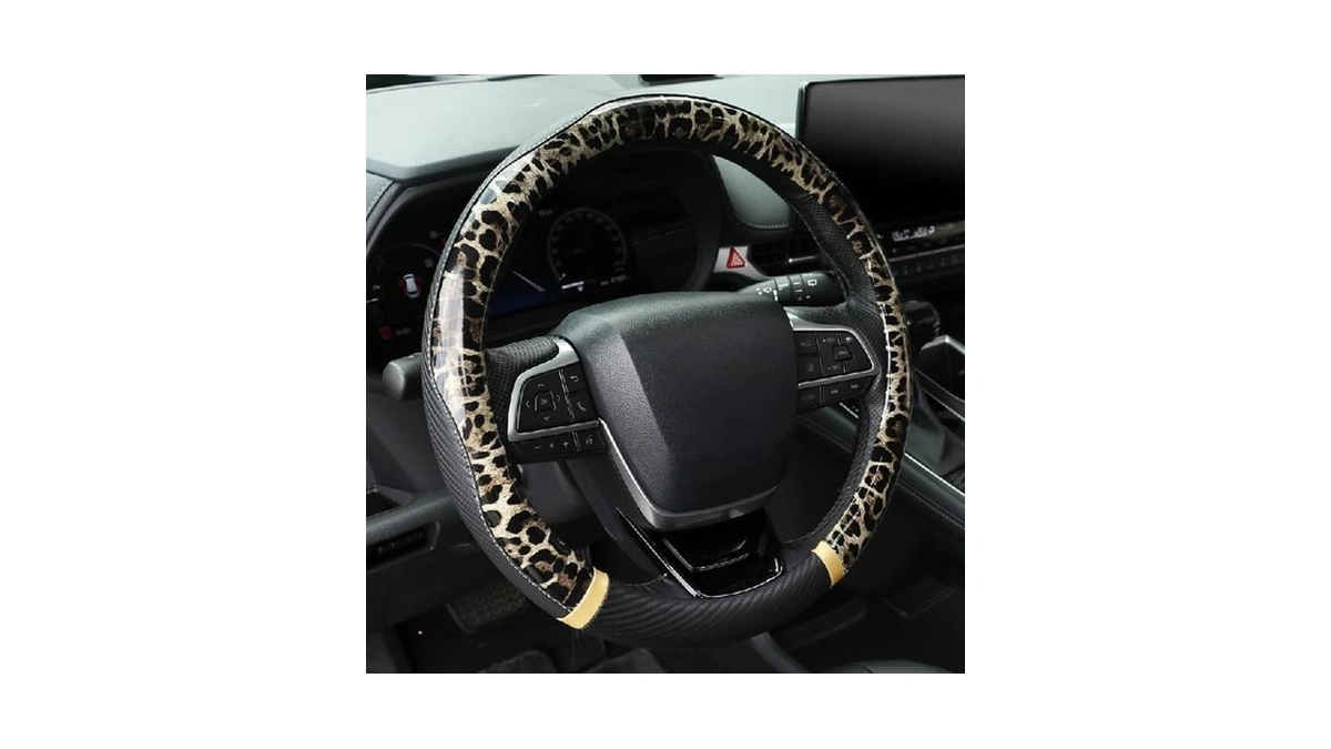Kafeek Khaki Leopard Steering Wheel Cover, 15 Inch Carbon Fiber