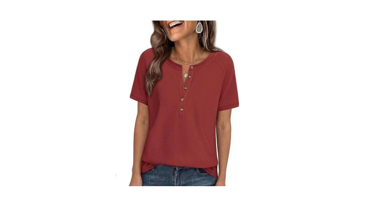 Prettygarden Waffle Knit Tops For Women Short Sleeve Henley Shirts
