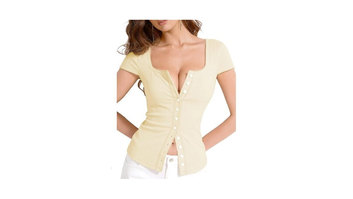 Women Button Down Knit Tops Summer Square Neck Cap Sleeve