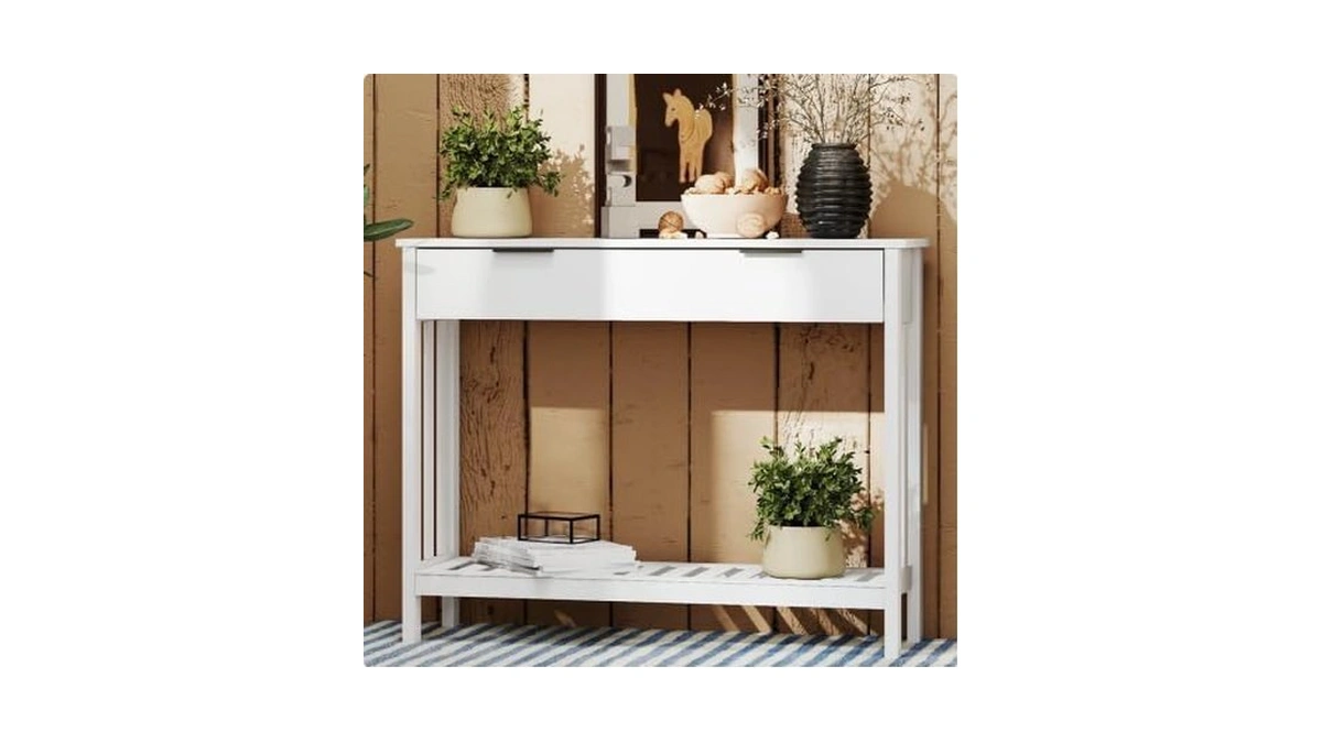 Taohfe White Narrow Console Table With Drawer Storage Shelf, Modern