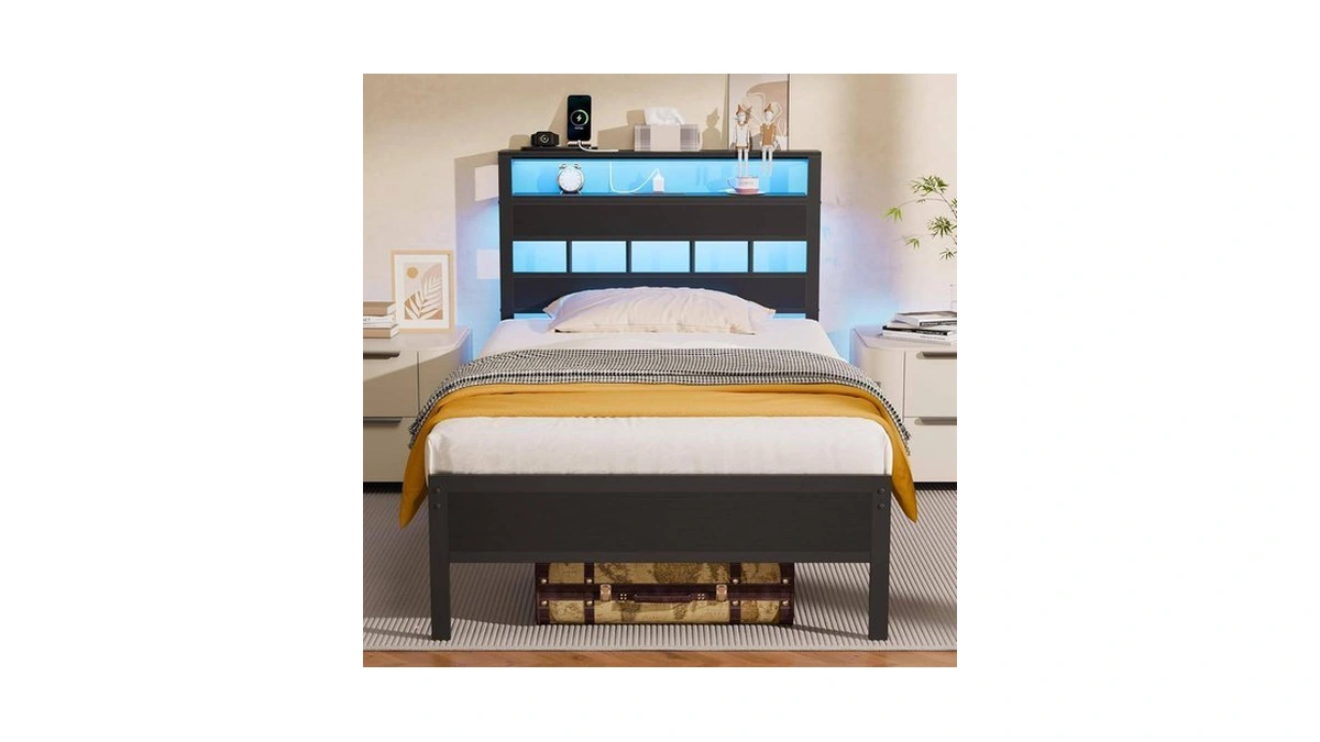 Furnulem Twin Bed Frames With Charging Station And Led Lights,