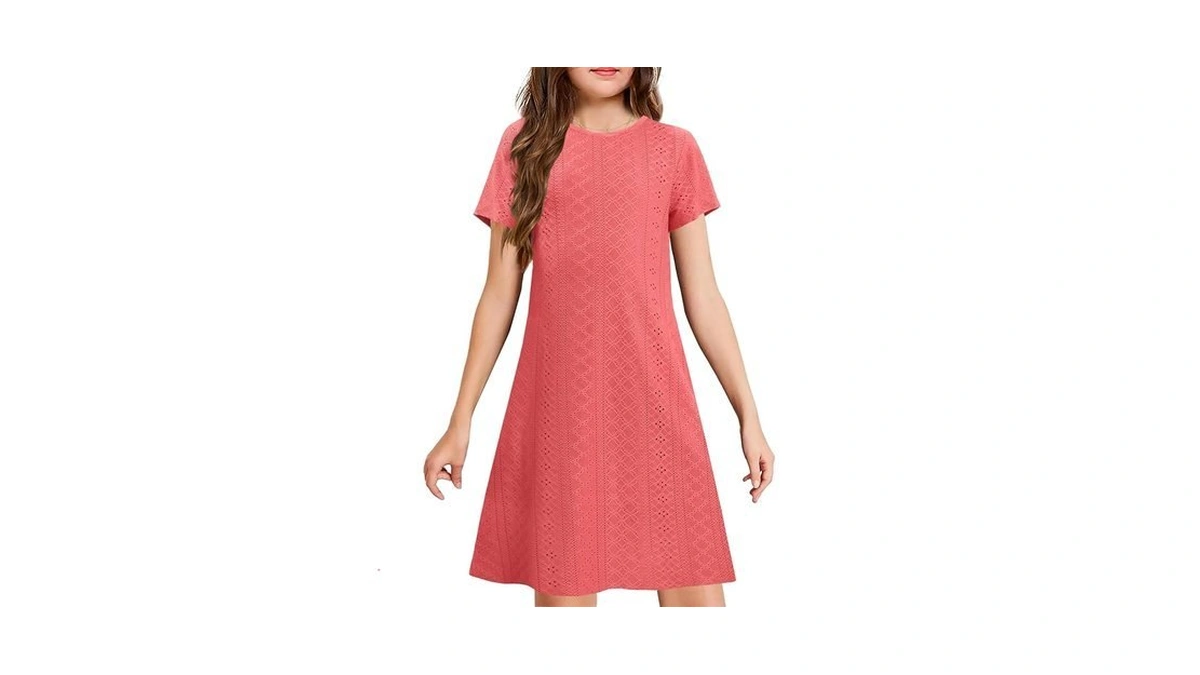 Yovion Girls Summer Eyelet Dress, Short Sleeve A-line Swing Casual