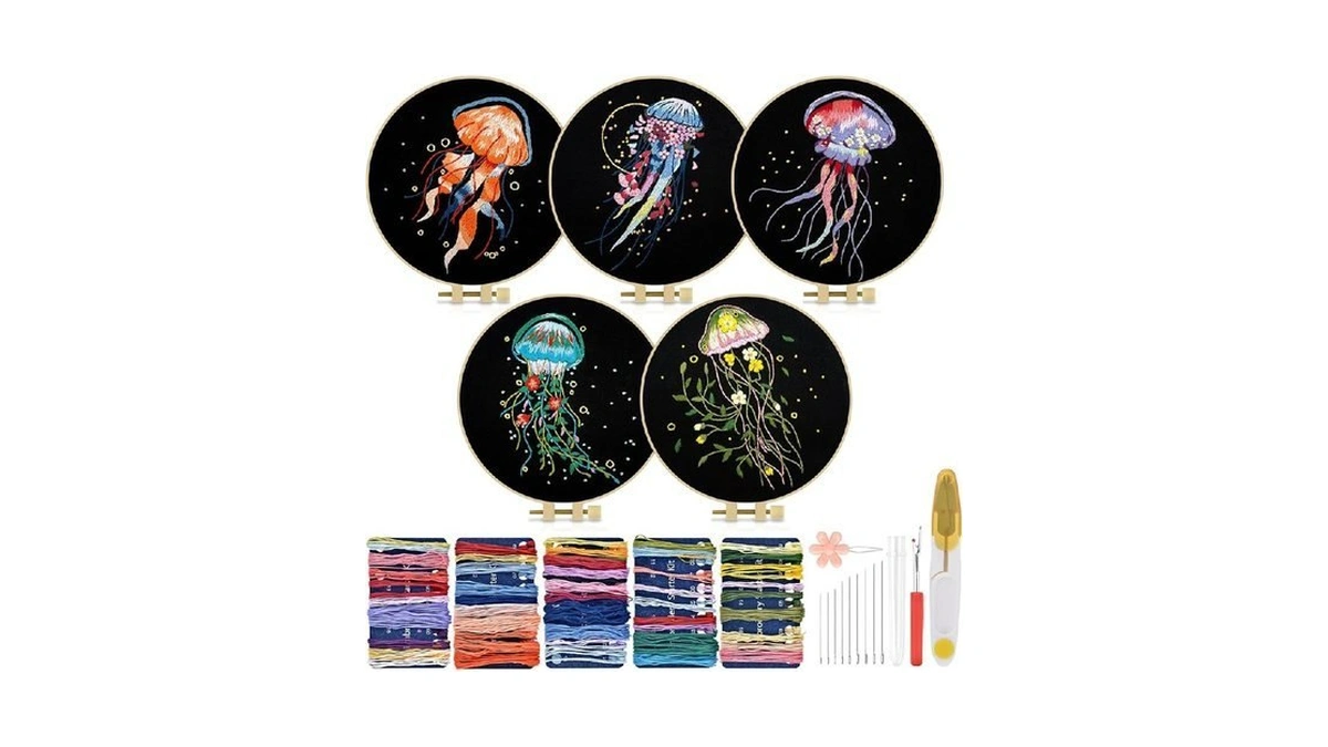 Tindtop Embroidery Kit For Adults, 5 Sets Jellyfish Embroidery Kit