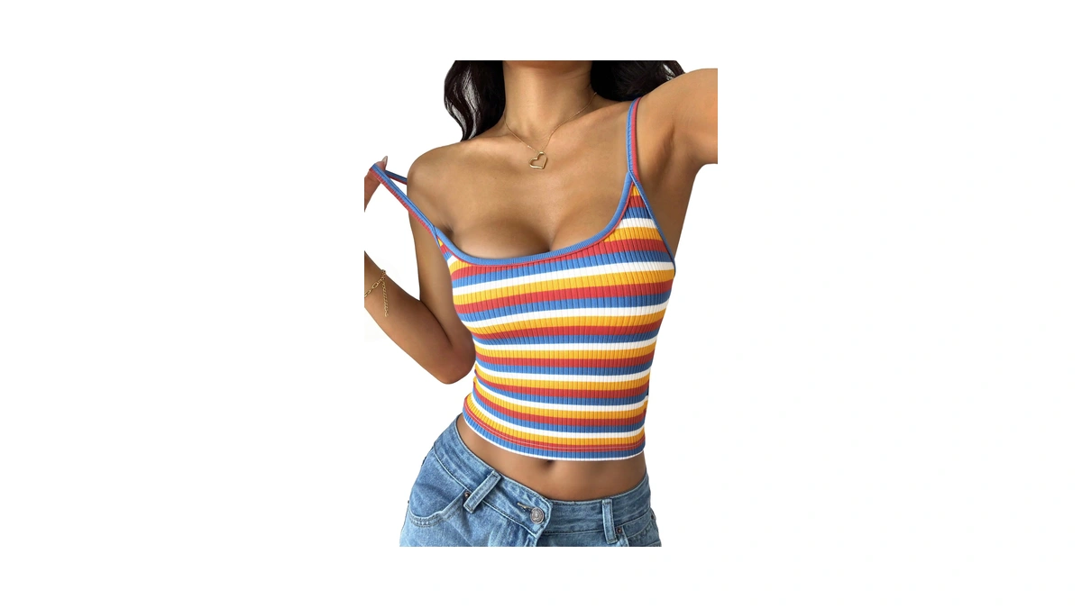 Prettygarden Women Summer Crop Tops Sleeveless Spaghetti Strap Tank Striped