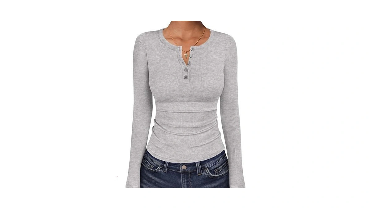 Anrabess Women's Long Sleeve Henley Tops Grey X-large