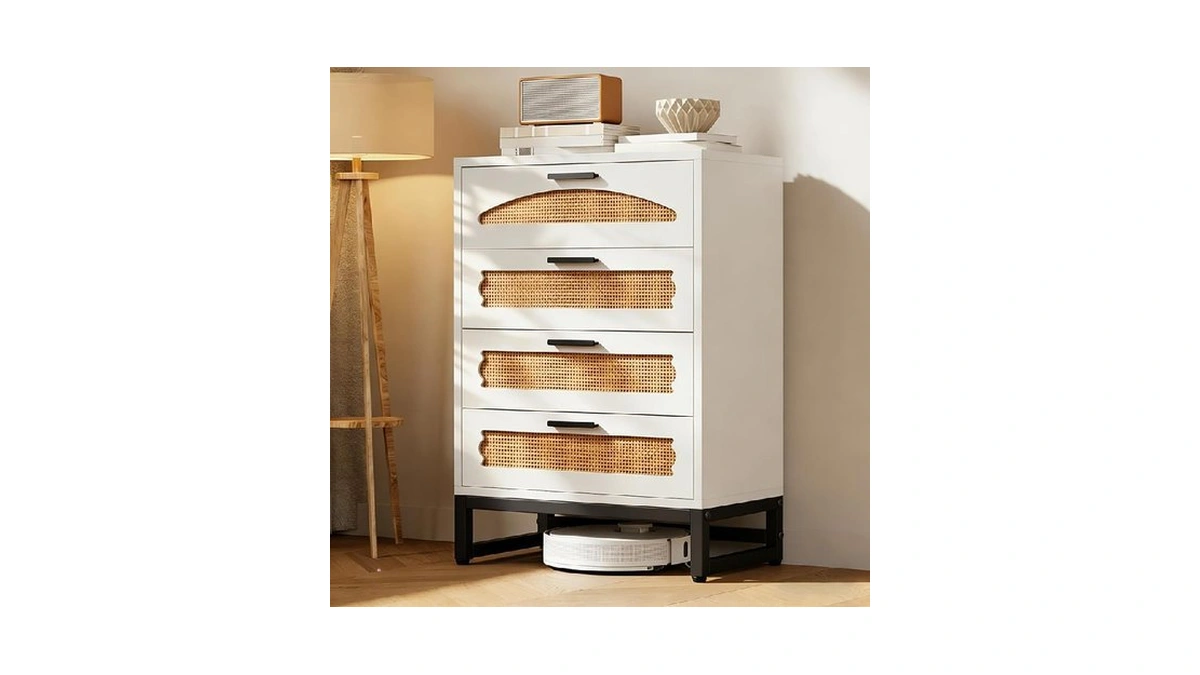 Mericonia 4 Drawer Rattan Dresser For Bedroom, Wood Tall Dresser