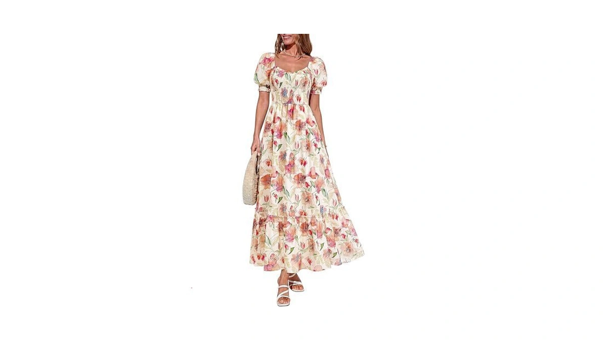 Prettygarden Women's Floral Boho Maxi Dresses Flowy Short Sleeve A