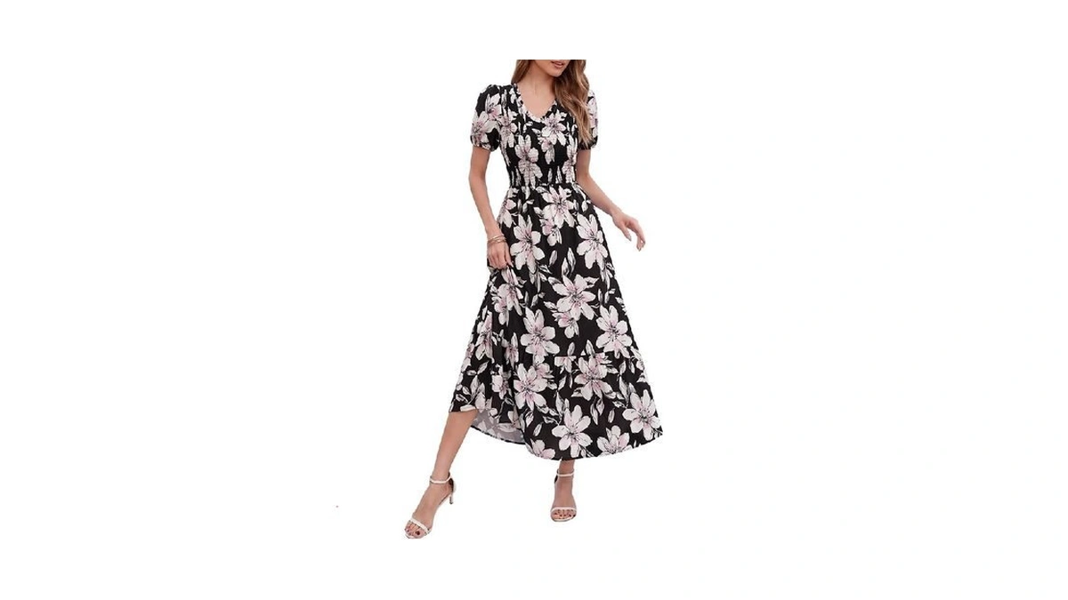 Simplee Womens Boho Floral Maxi Dress Summer Casual Puff Sleeve
