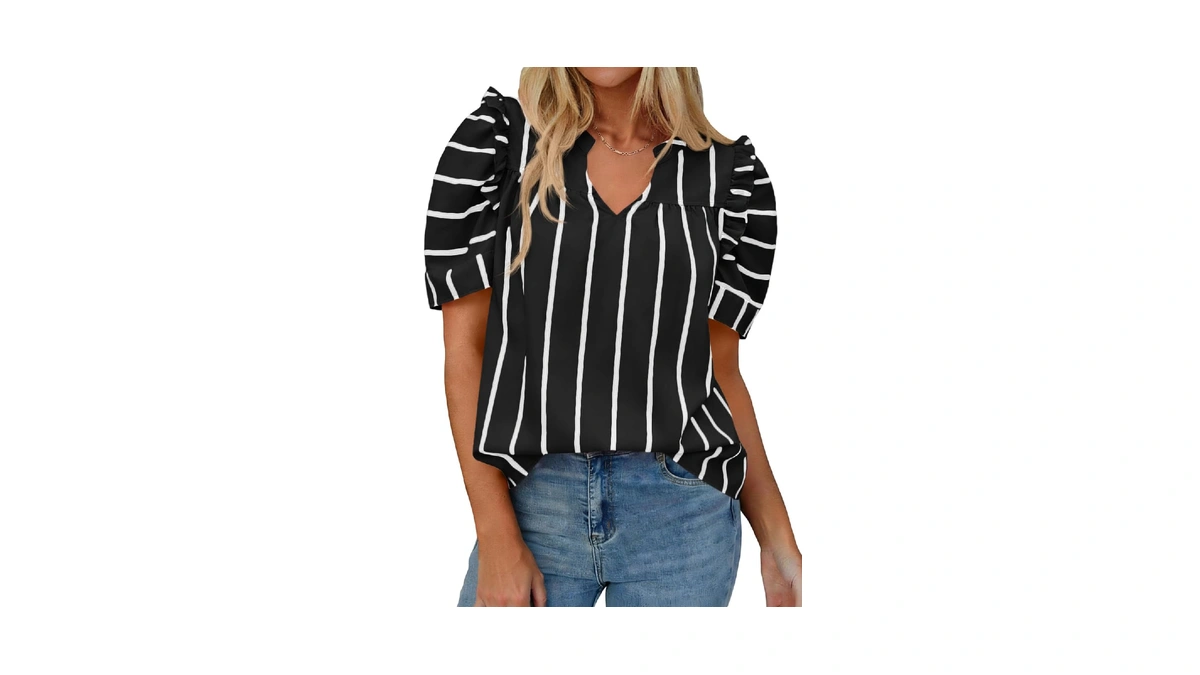 Tankaneo Womens Puff Sleeve Striped Blouses Dressy Casual V Neck