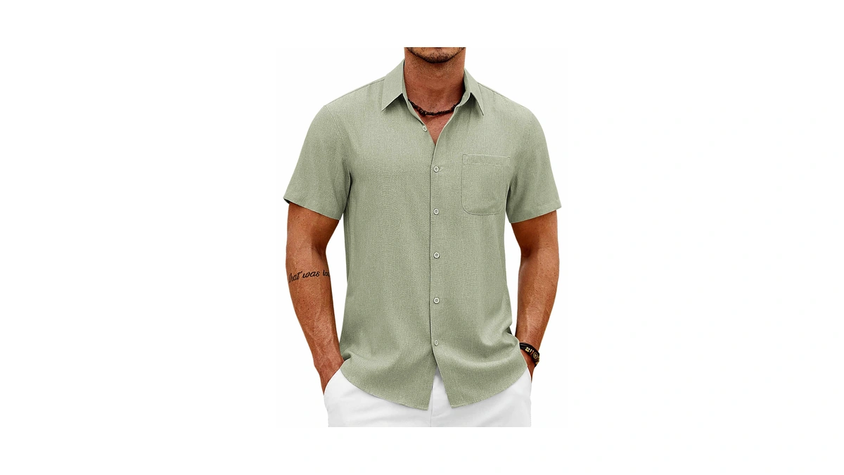 Coofandy Linen Shirts For Men Short Sleeve Button Down Shirt