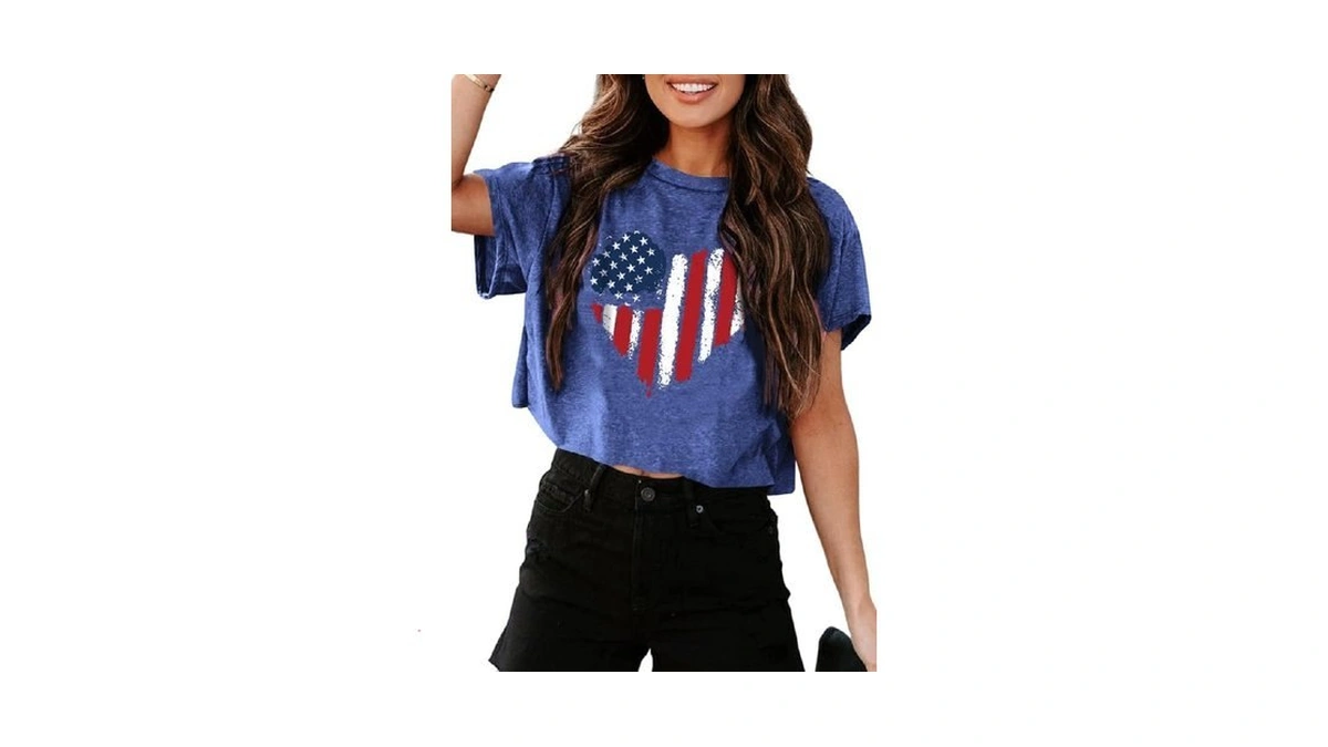 Unclecat Women's Cropped T Shirts American Flag Patriotic T-shirt 4th