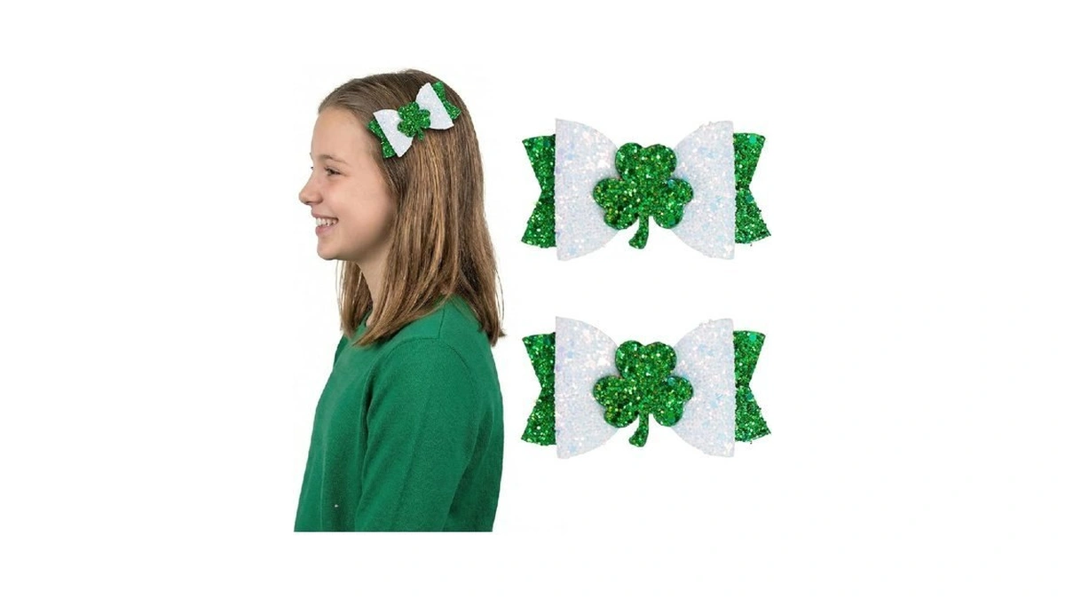 St. Patrick's Day Hair Bow Clips For Girls, 2pcs Glitter