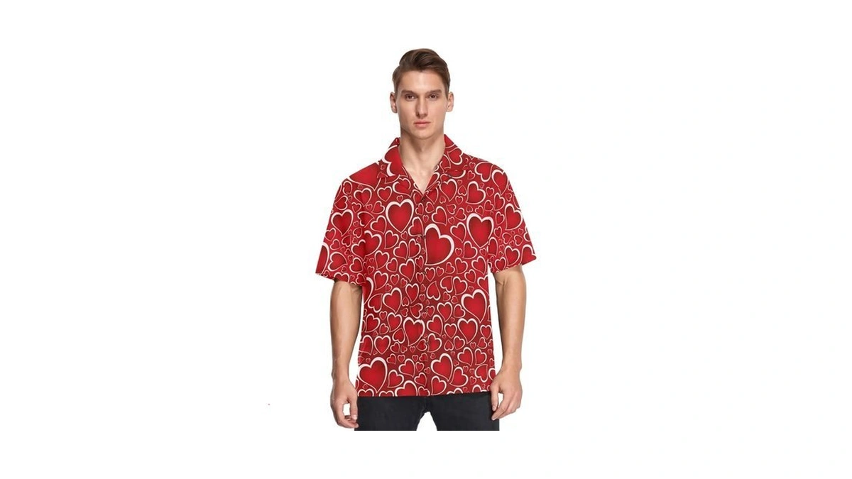 Fisyme Hearts Hawaiian Shirt For Men Loose-fit Short Sleeve Button
