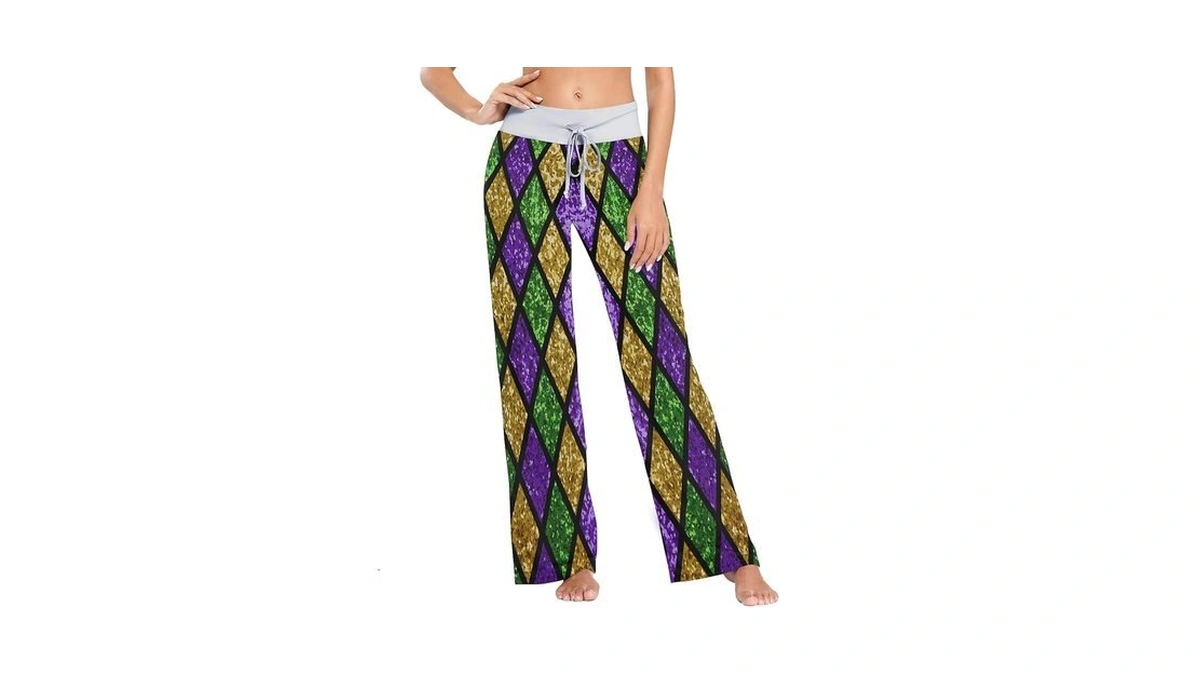 Fisyme Mardi Gras Glitter Plaid Pajama Pants For Women Soft