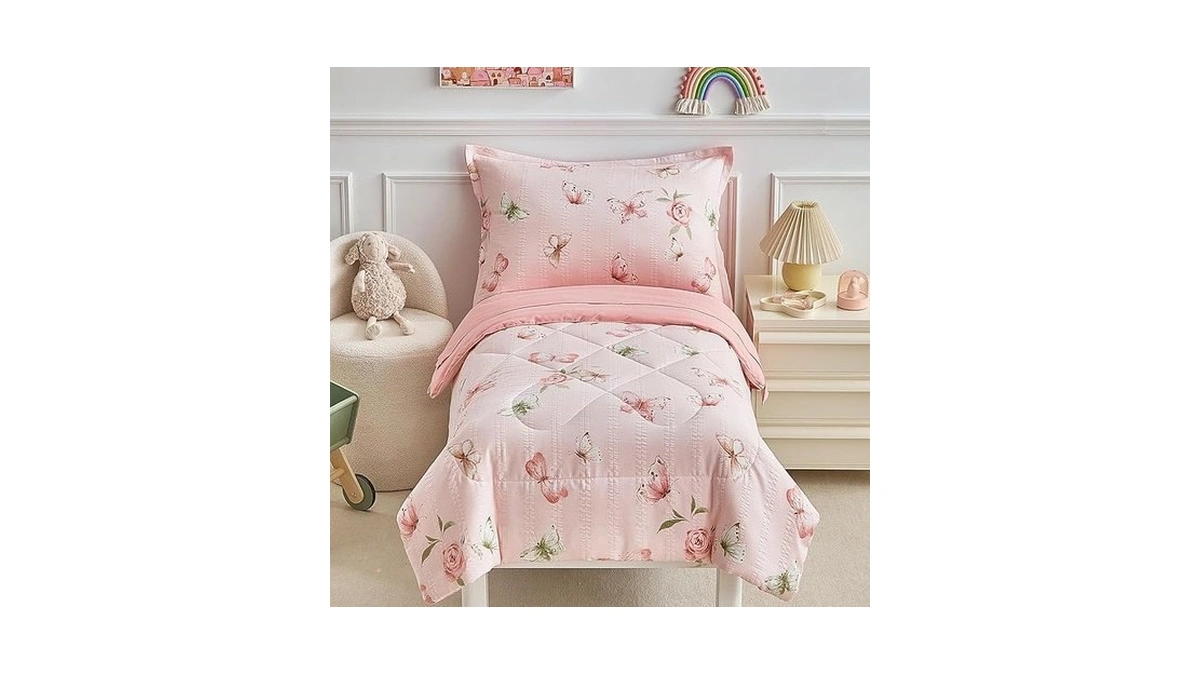 Dushow Pink Butterfly Toddler Bedding Set For Girls,4 Pieces Toddler