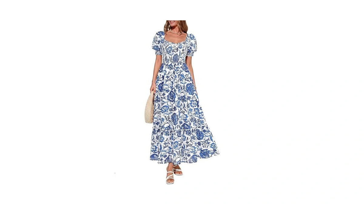 Prettygarden Women's Floral Boho Maxi Dresses Flowy Short Sleeve A