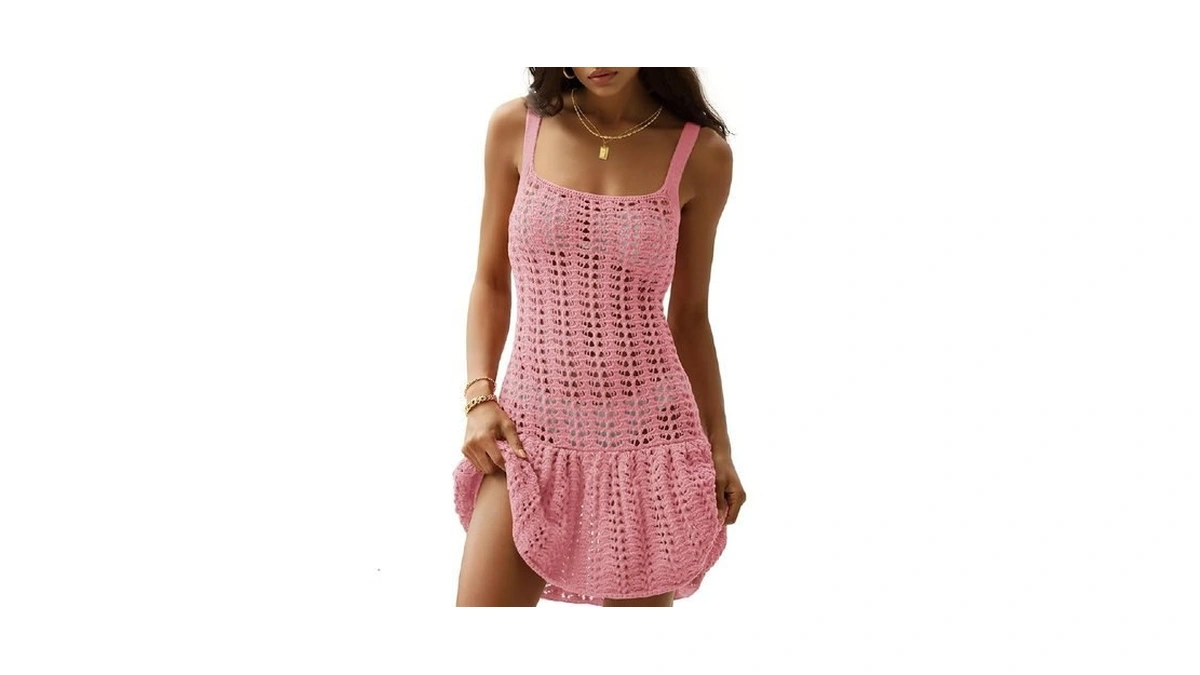 Fisoew Women's Crochet Swimsuit Cover Ups Summer Sleeveless Hollow Out