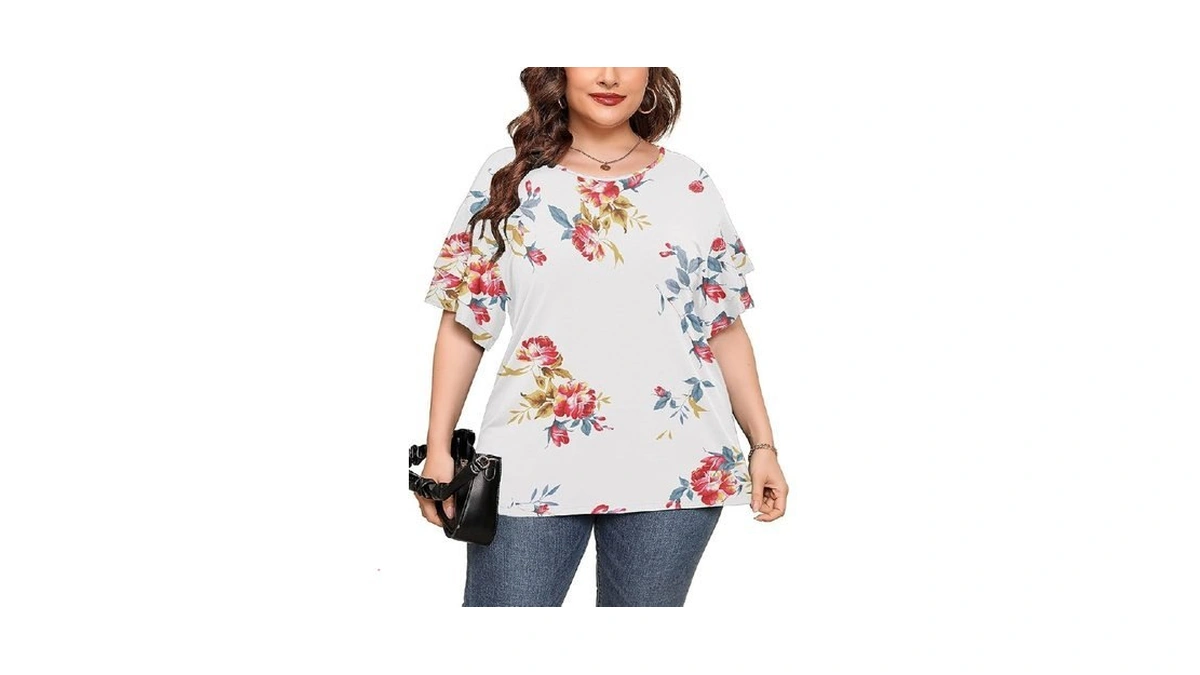 Auslook Plus Size Women's Summer Tops Floral White 2x Tunic
