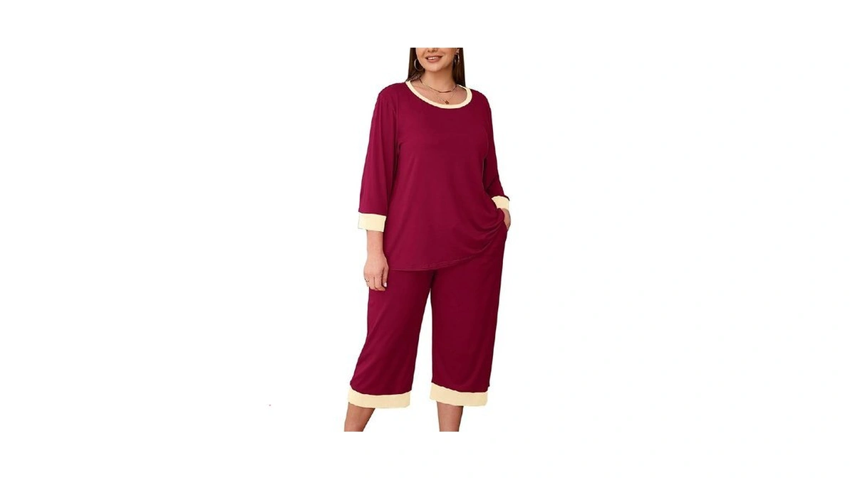 Auslook Womenβs Plus Size Pajama Sets Burgundy 2x Soft 3/4