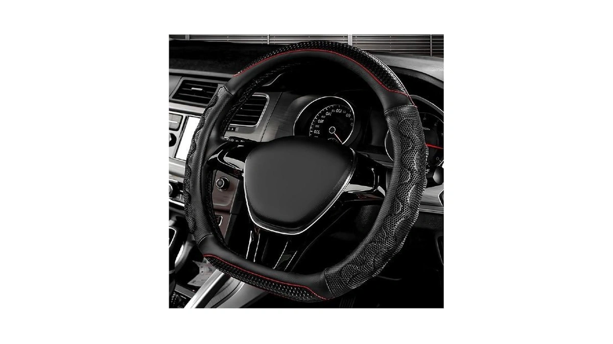 Lotezava D-shaped Leather Steering Wheel Cover - Universal 15 Inch