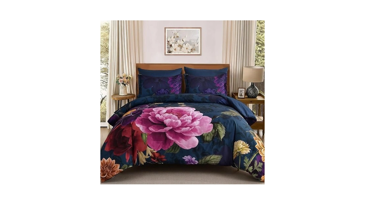 Wongs Bedding Blue Comforter Set King Size, 7 Pieces Floral