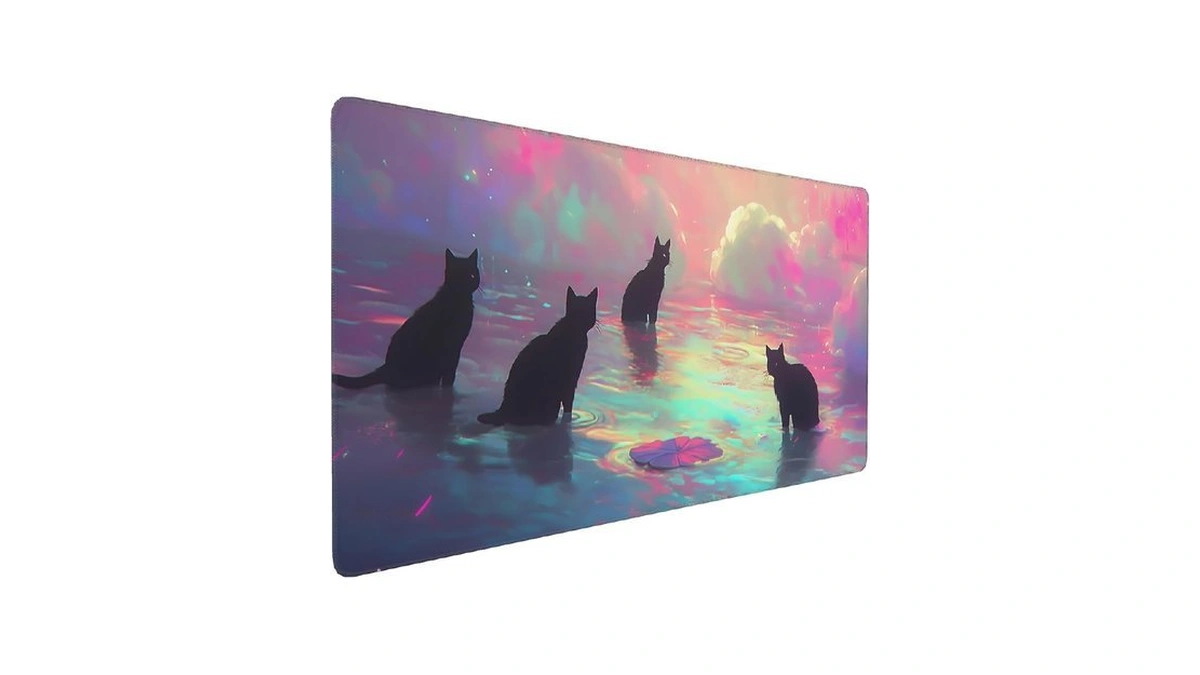 Anime Black Cat Gaming Mouse Pad, Blue Pink Dreamy Desk