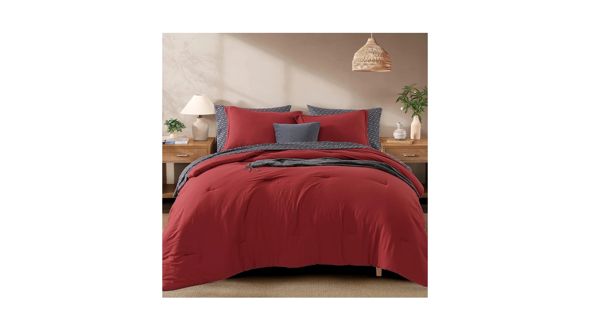 Monbix Queen Comforter Set - 7 Pieces Bright Red Prewashed