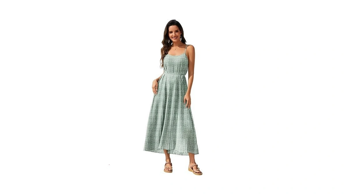 Cyinu Women's Pleated Dress Chiffon Adjustable Spaghetti Strap Floral Long