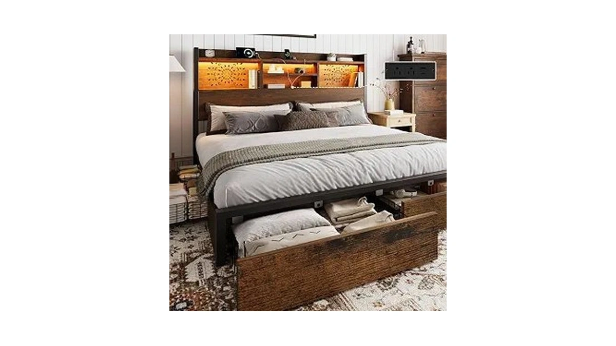 Belffin Queen Bed Frame With 6 Storage Drawers And Carving