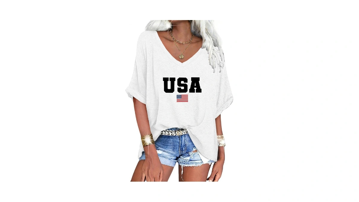 Unclecat Women's V Neck Oversized T Shirts Usa Flag Tee