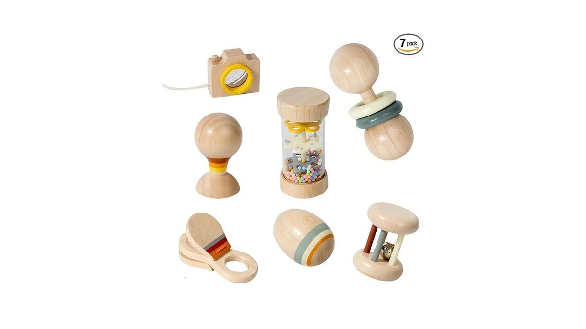 7 Pcs Wooden Baby Toys Set - Organic Infant Rattles