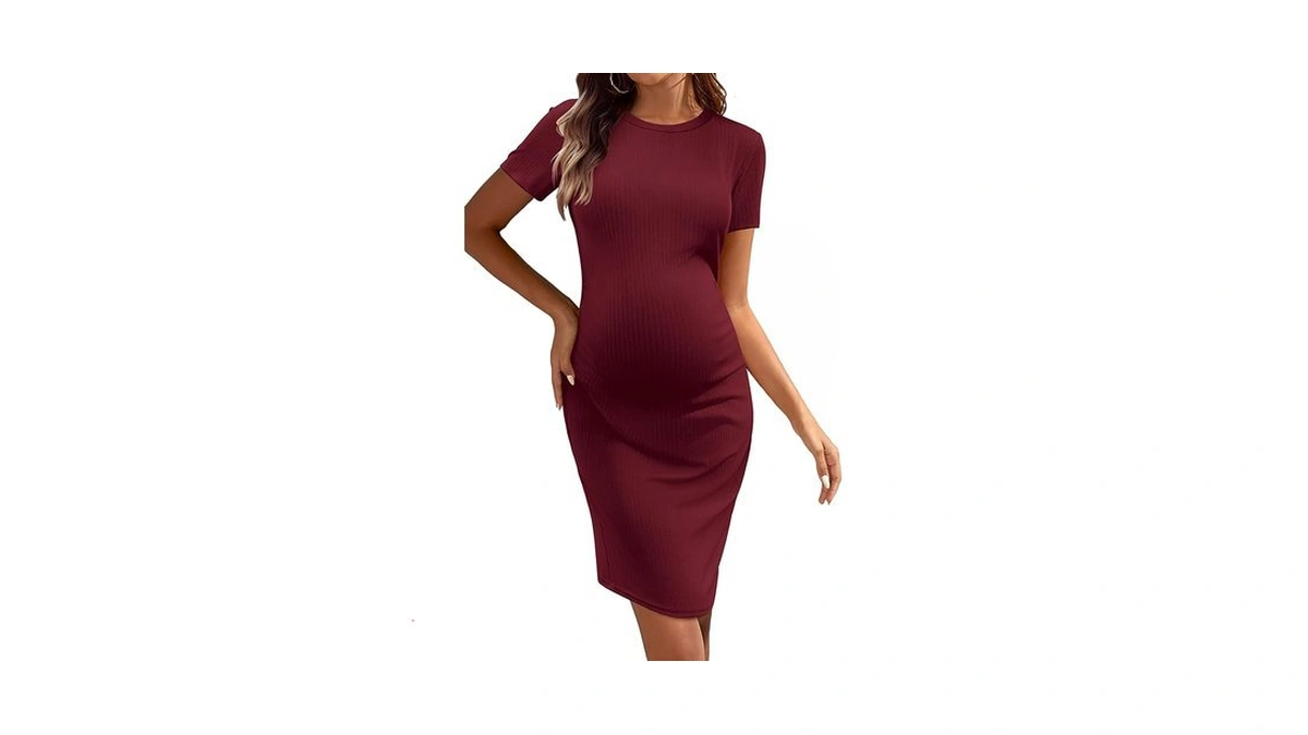 Ekouaer Maternity Dress Women's Ribbed Lettuce Edge Round Neck Bodycon
