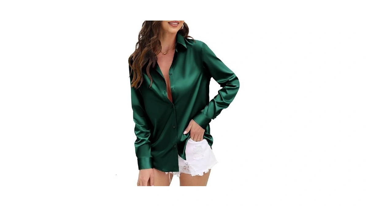 Womens Soft Satin Silk Button Down Shirts For Women Silky