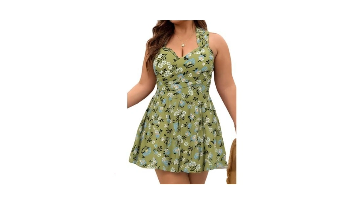 Cocopear Women's Elegant Crossover One Piece Swimdress Floral Skirted Swimsuit
