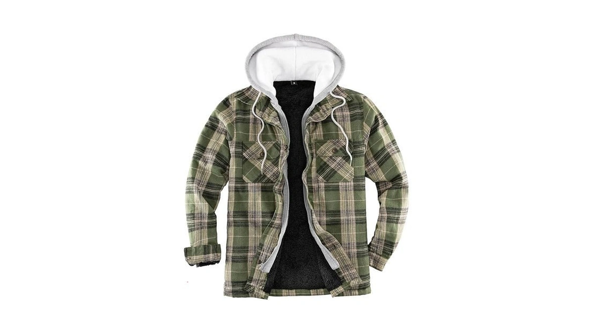 Lisskolo Men's Flannel Jacket With Hood Long Sleeve Full Sherpa